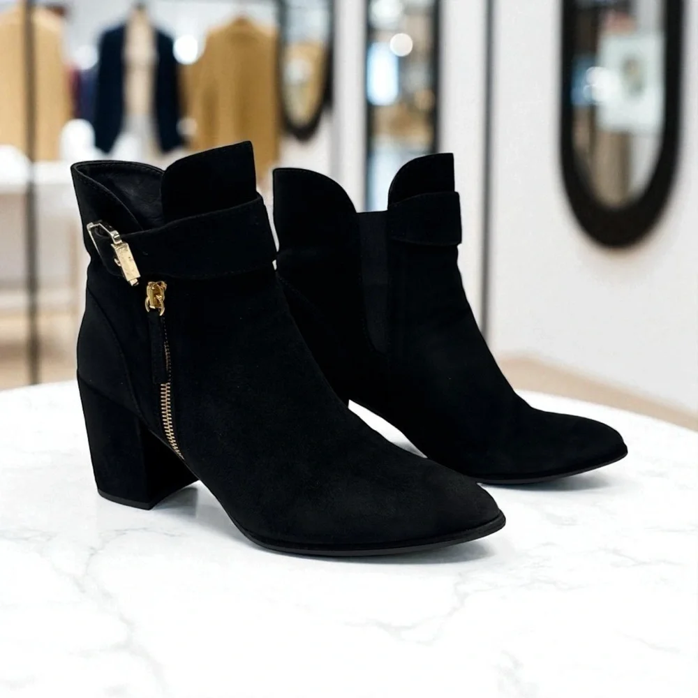 Stuart Weitzman Black Ankle Booties with Gold Zipper
